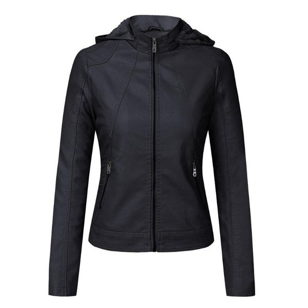 

women's leather & faux 2021 winter jacket strong wear-resistant pu pocket zipper casual women plus fleece hooded size, Black