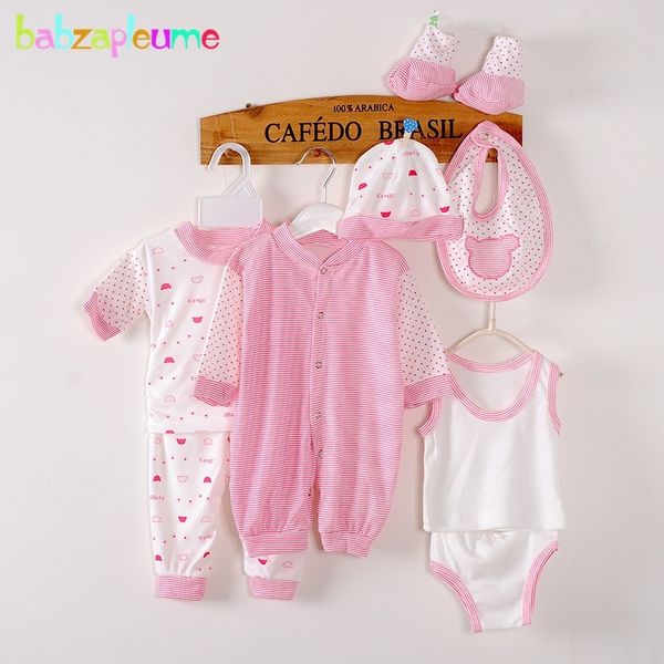 

8pcs/0-3months/spring summer newborn baby girls boys clothes cotton striped rompers+t-shirt+pants+hat infant clothing set bc1002 y200803, White