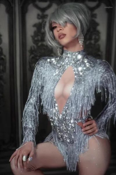 

2020 sparkly silver crystals fringes dance costume rhinestones gloves tassel bodysuit party stage wear dance show leotard1, Black;white