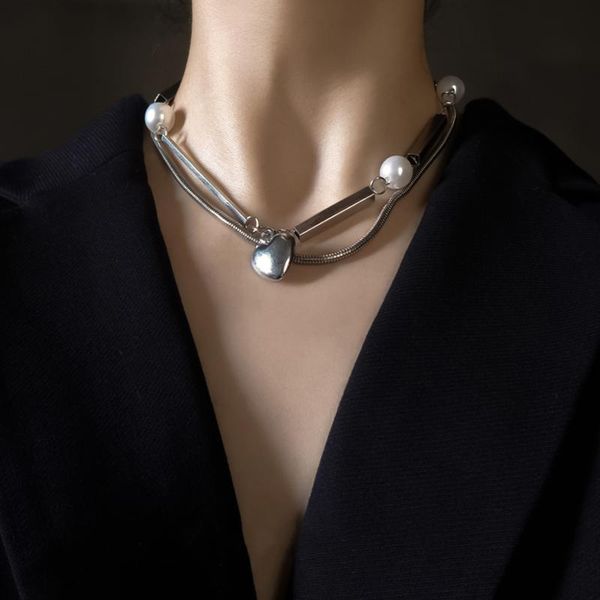 

chokers fflacell trend punk hip hop simple geometric heart-shaped steel pipe pearl necklace for women girls party jewelry 2021, Golden;silver