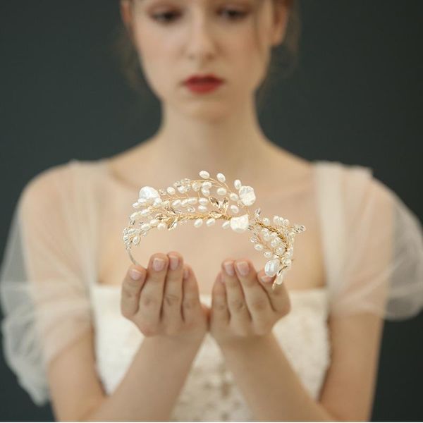 

silver color pearls wedding tiara crystal leaf bridal hair crown headband handmade women hair accessories brides jewelry, Golden;silver