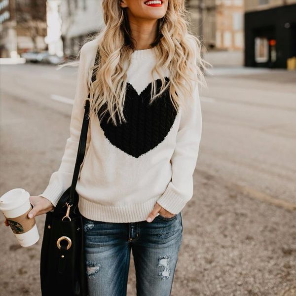 

contrast color love heart pullovers autumn womens loose sweet knitted jumpers mujer lover knitting sweaters plus size wdc1528, White;black