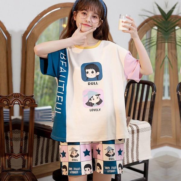 

summer women cartoon print pajamas set new sleepwear night suits home wear nightwear sets1, Black;red