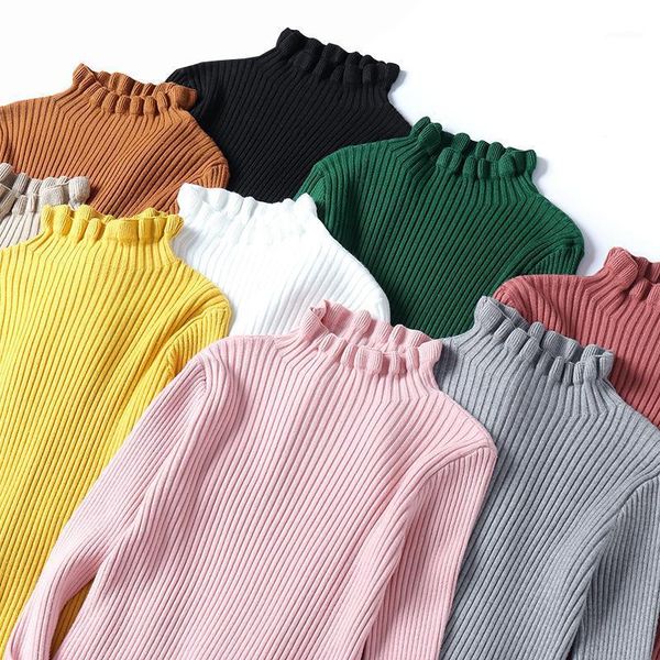 

2020 fall winter sweater ruffles half turtleneck women sweaters solid female slim knitted thick pullovers pink white green1, White;black