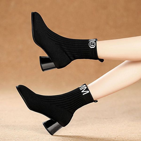 

boots 2021 spring autumn fashion knitting stretch fabric ankle women chunky heels pointed toe letter print woman short, Black