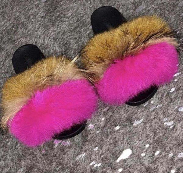 

women winter fox fur slippers fashion outdoor slides fluffy fur sandals girl flip flops plush warm slides flats travel slippers y1125, Black