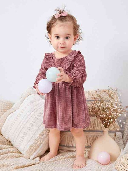 

baby ruffle trim flounce sleeve velvet dress she, Red;yellow