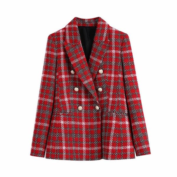 

women's suits & blazers 2021 autumn winter women plaid blazer double-breasted long sleeves coat fashion casual vintage woman, White;black