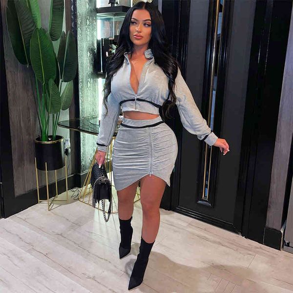 

ladies solid color fashion long sleeve lapel zipper short coat with irregular skirt two piece dress set, White