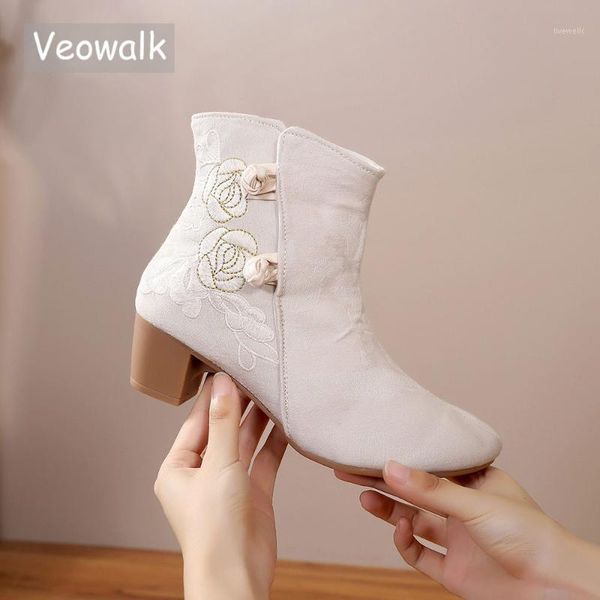 

boots veowalk retro women canvas 4cm block heel short ankle autumn winter comfort embroidered shoes for ladies boats mujer1, Black