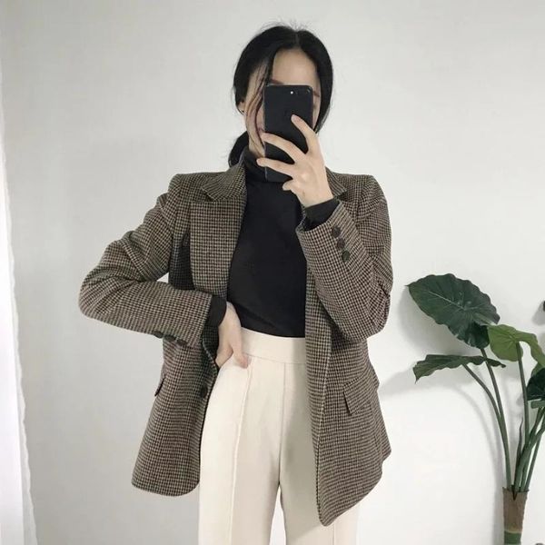 

women's suits & blazers vintage single breasted office ladies plaid blazer long sleeve loose houndstooth suit coat jacket women female, White;black