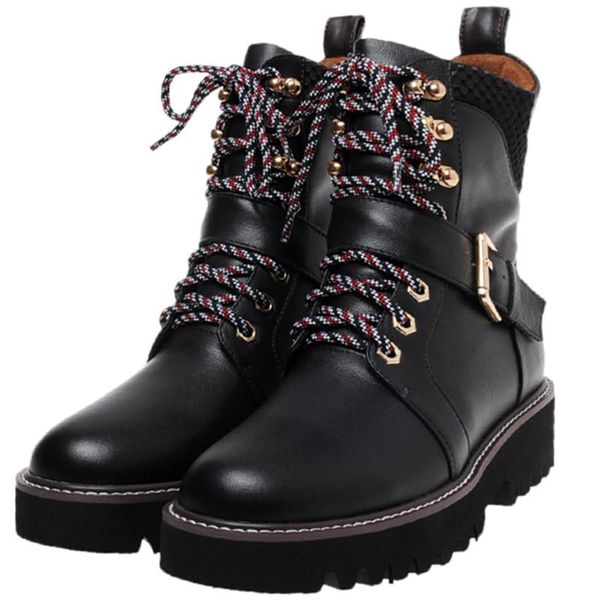 

2020 new ankle boot up genuine leather boots mixed colors autumn winter motorcycles boots round toe lace women short plush 3.5cm, Black