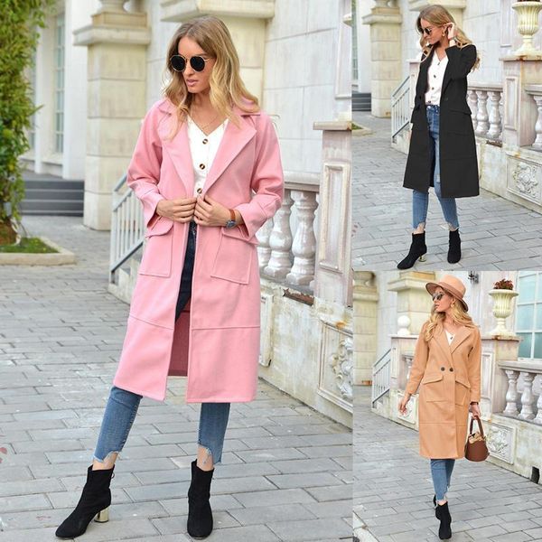 

coat autumn winter women buttons pockets long sleeve knee-length coat lapel overcoat women's winter parka1, Black