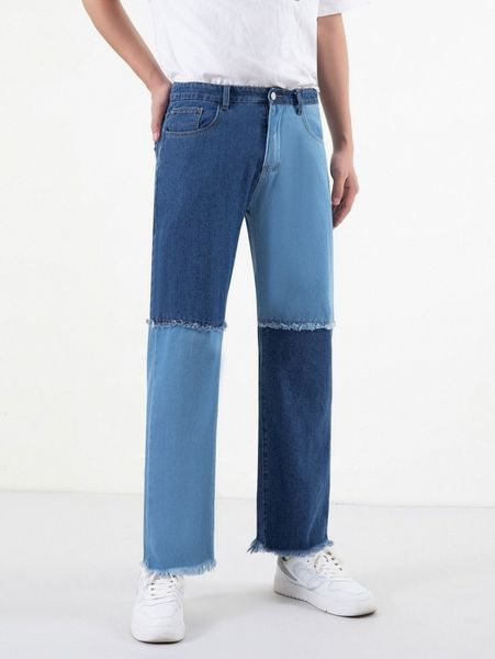 

men two tone raw cut jeans 33ms#, Blue