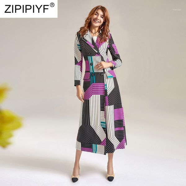 

england style 2020 spring autumn elegant turn down collar long coat women double breasted fashion striped slim female trench y841, Tan;black