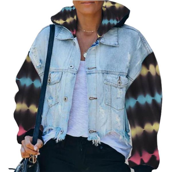 

tie-dye printed coat women's jacket coat autumn winter streetwear women clothing casual hooded loose female denim clothes, Black;brown