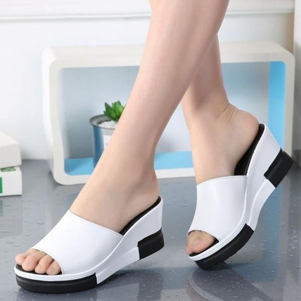 

women's wedge slipper summer high heels slanted heel sandals fish mouth thick bottom wedges slippers casual shoes, Black