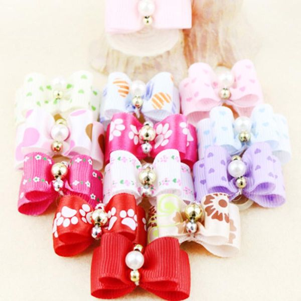

dog apparel 10pcs pearl cat accessories double layer grooming cute decoration printed mini handmade pet bowknot