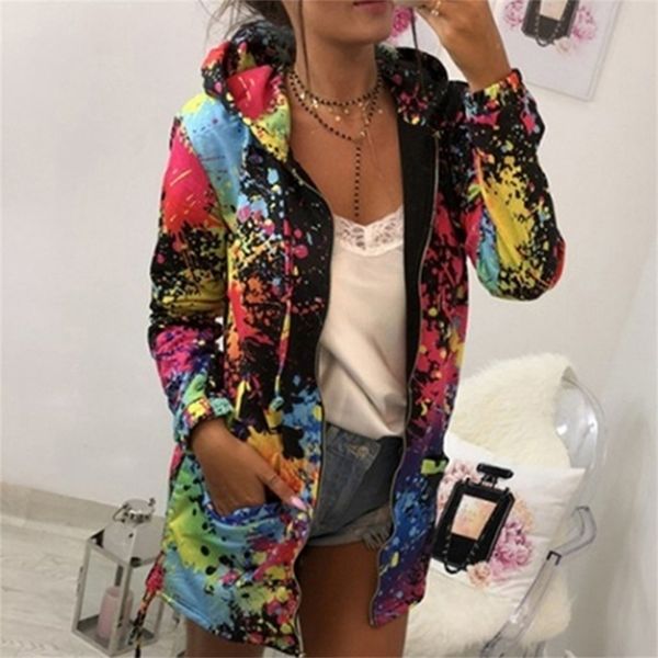 

gapke women long hooded sweatshirt coat casual pockets zipper hoodies jacket harajuku autumn winter vintage print outwear female lj201103, Black
