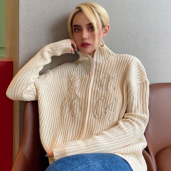 

women's knits & tees deat 2021 autumn winter women fashion high collar long sleeve zipper cardigan loose casual embroidery print sweate, White