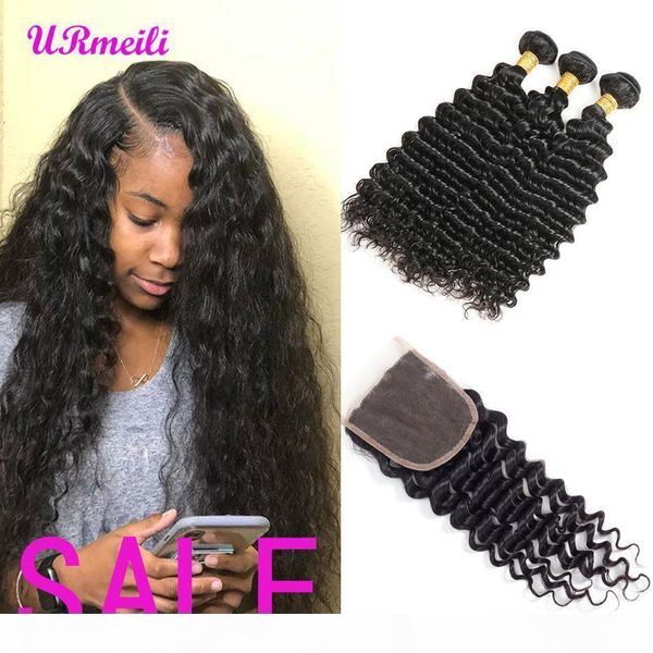 

urmeili deep wave bundles with closure 10a grade brazilian deep wave curly virgin human hair human hair wet wavy bundles with closure, Black;brown
