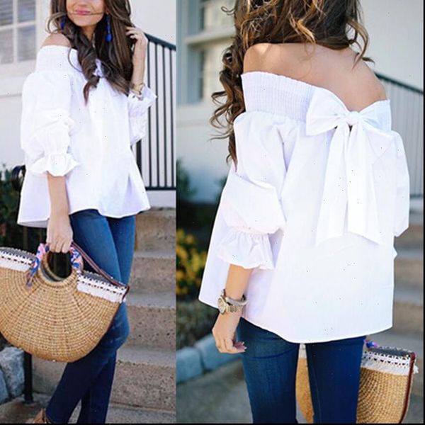 

off shoulder spring summer strapless 2021 women blouse bowknot slash neck shirts casual loose blusas plus size, White