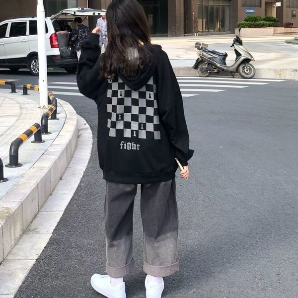 

autumn and winter sweater women's korean hooded plush bf wind ins medium length student loose coat fashion, Black