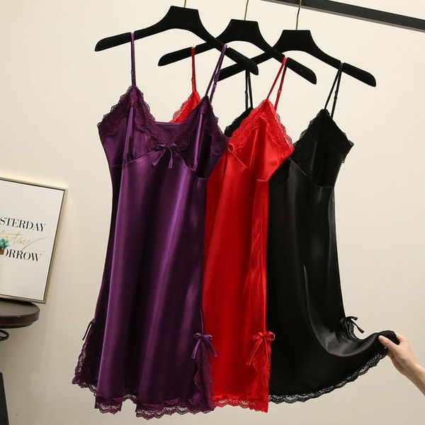 

v-neck lace sleep robe summer womans pajamas sleepwear lady home wear nightgown bath gown sleepshirts -xxl, Black;red