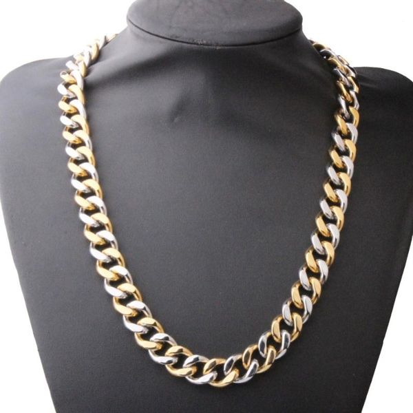 

two-tone necklace for men solid heavy stainless steel chain link hip-hop boy holiday gift charm jewelry accessories 13/15mm, Silver