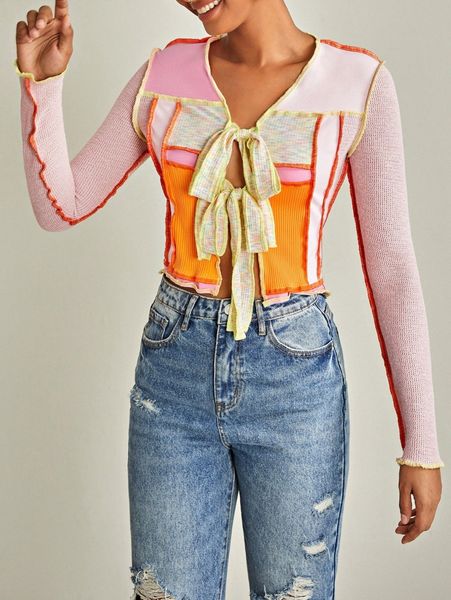 

cut and sew knot front stitching seam crop y5is#, White