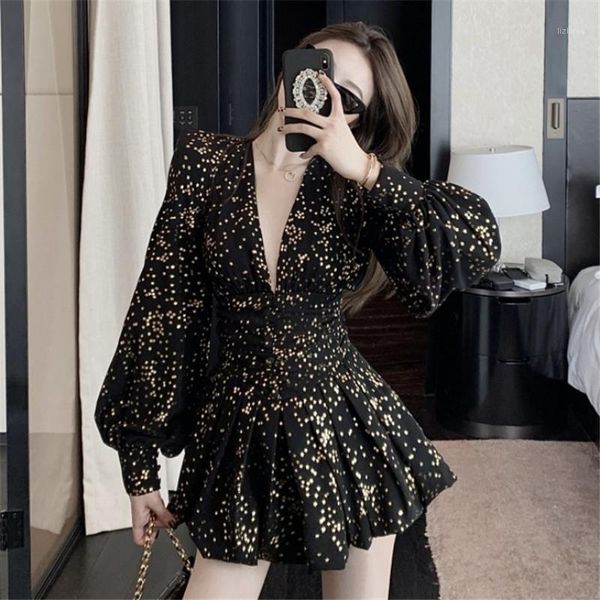 

deep v neck dress for women party star high waist long-sleeved short mini dress female gold dots black club gothic1, Black;gray