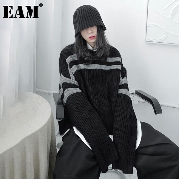 

eam] big size striped knitting sweater loose round neck long sleeve women pullovers new fashion tide autumn winter 2020 1dd07951, White;black