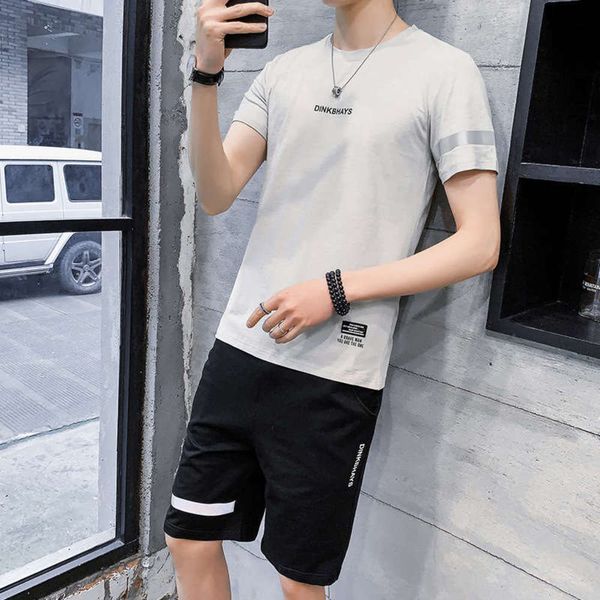 

slim men's new boys' sports summer running fitness suit two piece set, Gray