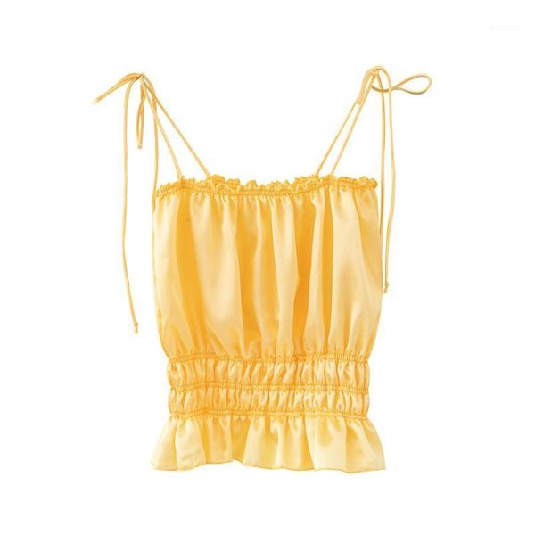 

women short summer tanks polyester satin camis red yellow beige sml adjusted tie ruffles hem drop shipping1, White