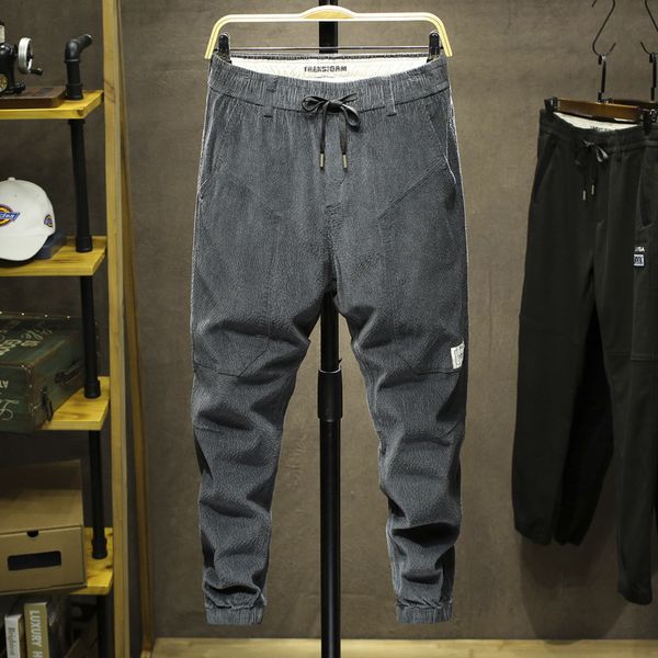 

autumn and winter new men's loose elastic waist trend corduroy casual pants (hanging, Black