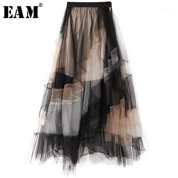 

[eam] high elastic waist contrast color mesh split temperament half-body skirt women fashion tide new spring autumn 2020 1s4441, Black