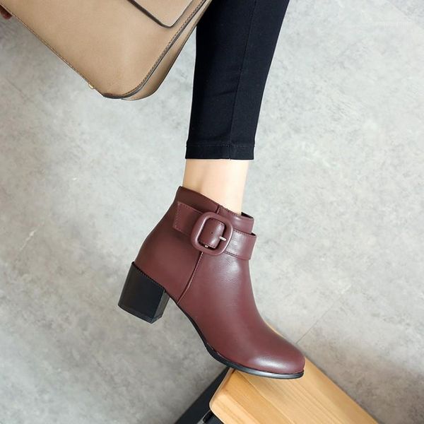 

oversized ma'am coarse heel short boots pure color little round head boot barrel high heel boots1, Black