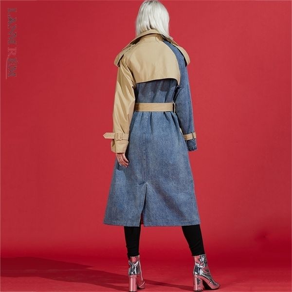 

[lanmrem] autumn new products turn-down collar spliced denim patchwork windbreaker female trench wj26604m 201226, Tan;black
