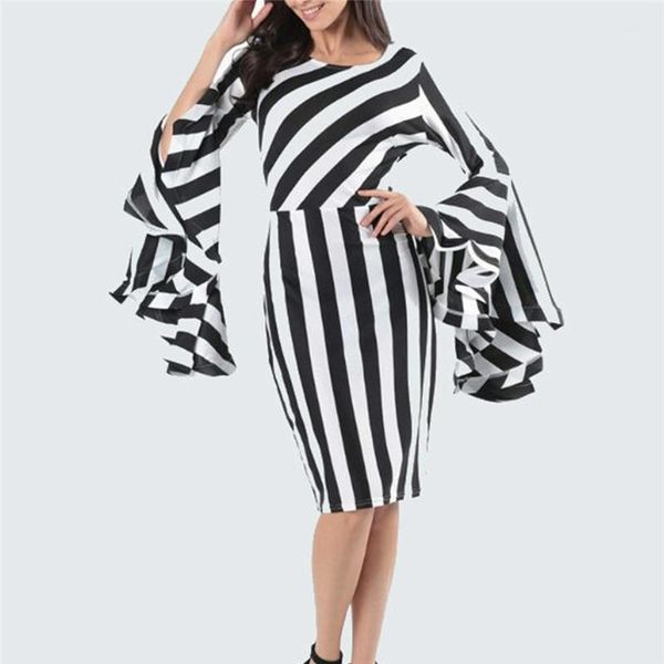 

dress plus size women long flare sleeve spring&summer ladies loose striped printed o-neck l-6xl black white color 2020 new1, Black;gray