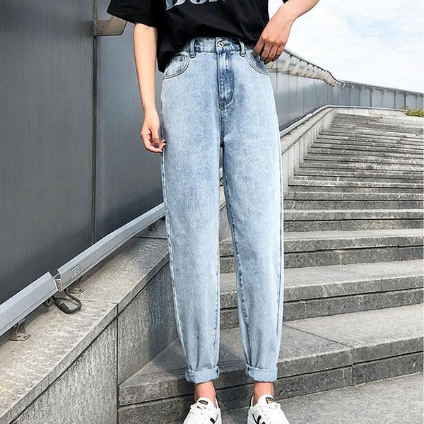 

limiguyue high waist mom jeans women elastic waist denim pant cotton loose coated vintage washed boyfriend jeans streetwear k012, Blue