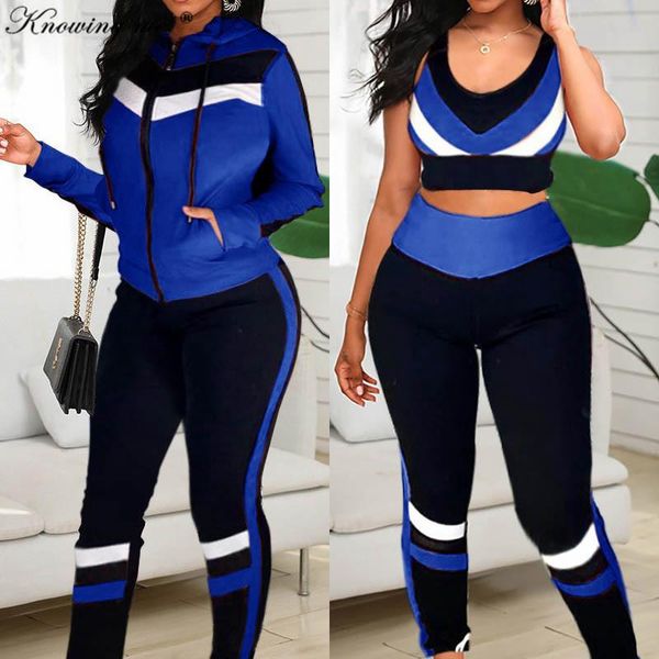 

zipper hooded jacket coat tracksuits sets women spring patchwork stripe print +long pants biker elastic outfits 3pcs set, Gray