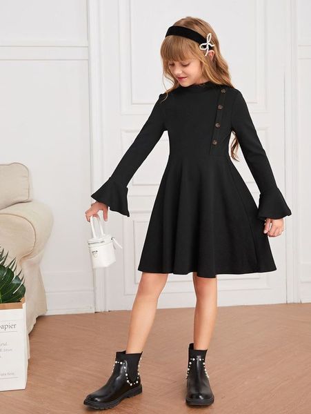 

girls button front bell sleeve dress she, Red;yellow