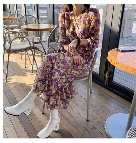 

2021 new fashion v-neck floral print elastic waist women vintage long sleeve a-line female es 9nav, Black;gray