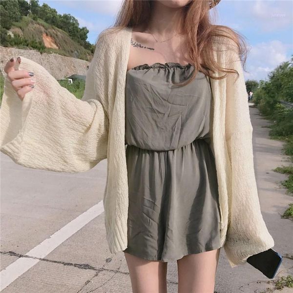 

women's korean college style lazy loose sunscreen cardigan summer knitting cardigan average size1, Black;brown