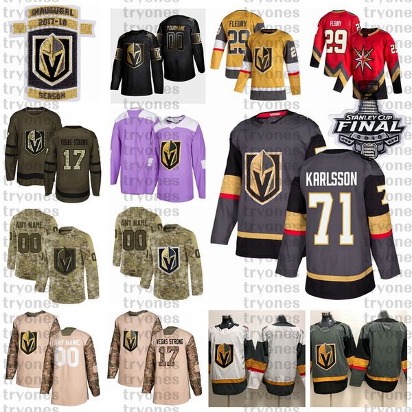 

2021 reverse retro customize #71 william karlsson vegas golden knights hockey jersey golden edition camo veterans day fights cancer purple, Black;red