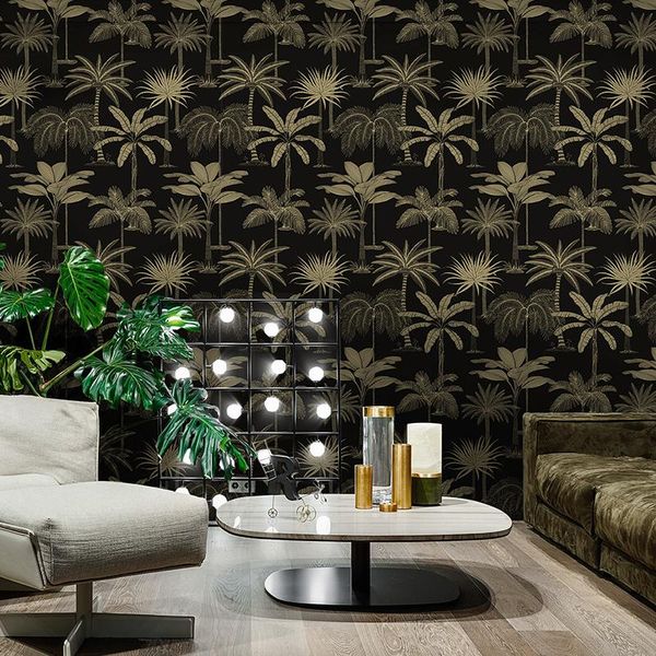 

new nordic palm leaves black wallpaper non-woven coconut southeast asia ins green living room bedroom background wall paper