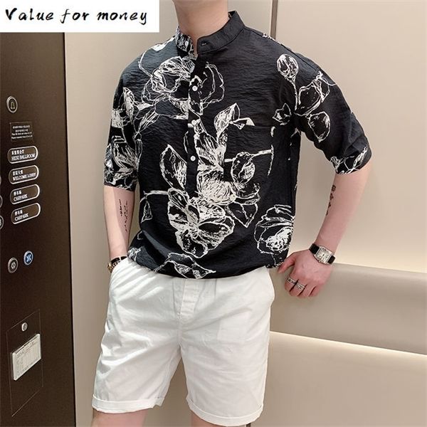 

luxury print retro casual slim fit short sleeve streetwear social clothes chemise homme 2020 fashion men shirt c1212, White;black