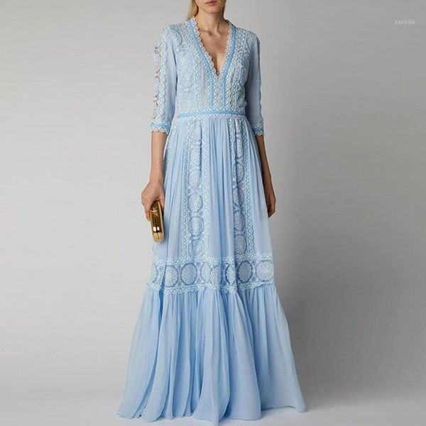 

gedivoen fashion runway spring dress women solid v neck appliques patchwork draped chiffon dress party female midi dresses1, Black;gray