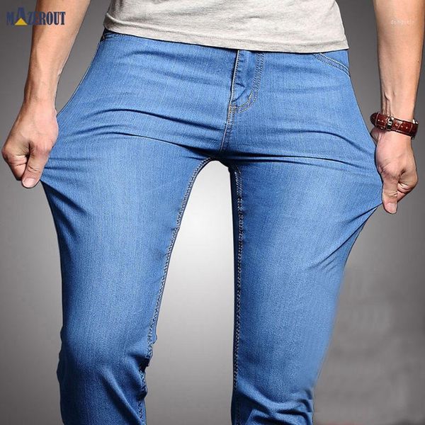 

mazerout 2020 spring summer new men thin jeans business casual stretch slim denim pants light blue black trousers male brand1