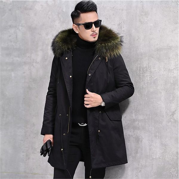 

winter jacket men real pure fur jackets men natural raccoon fur coat parka male long overcoat windbreaker mg-026 lx23651, Black